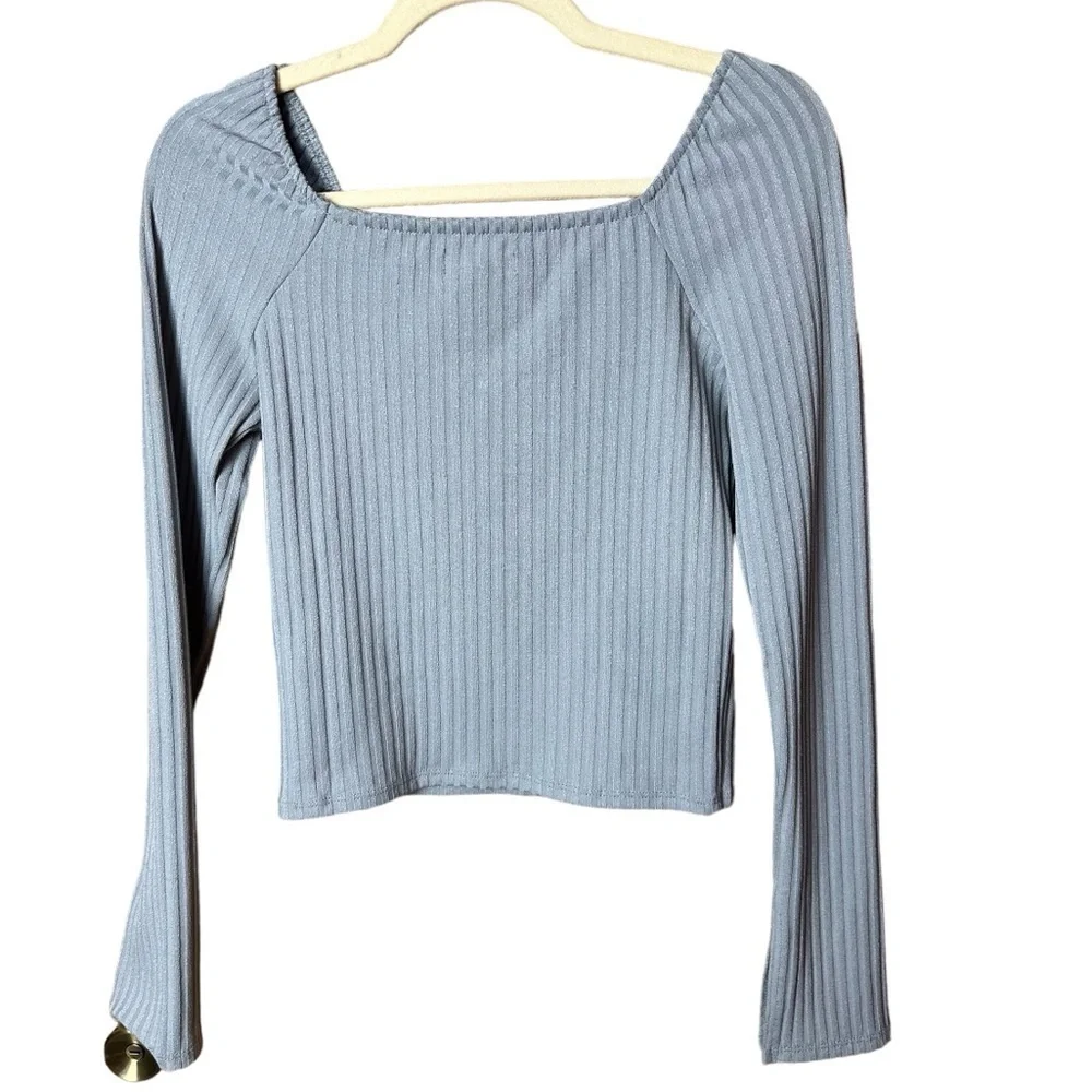Madewell Craft Blue Ribbed Square Neck Long Sleeve Tee Medium